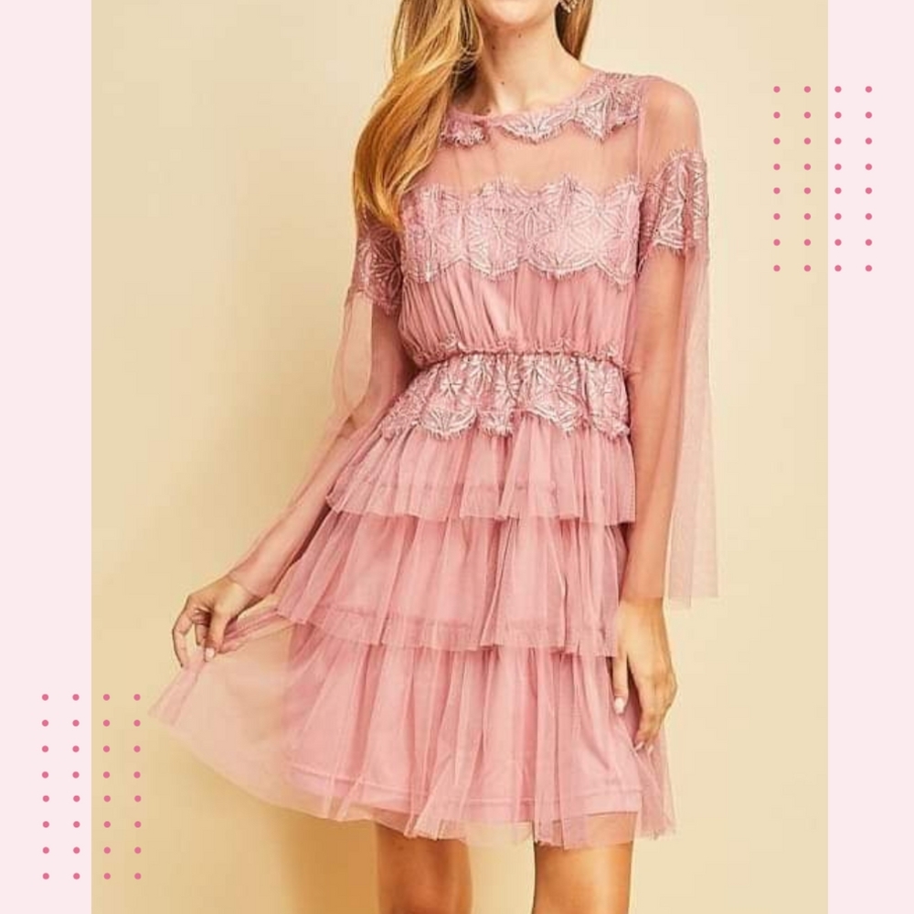 Elegant Pink Lace Tiered Dress